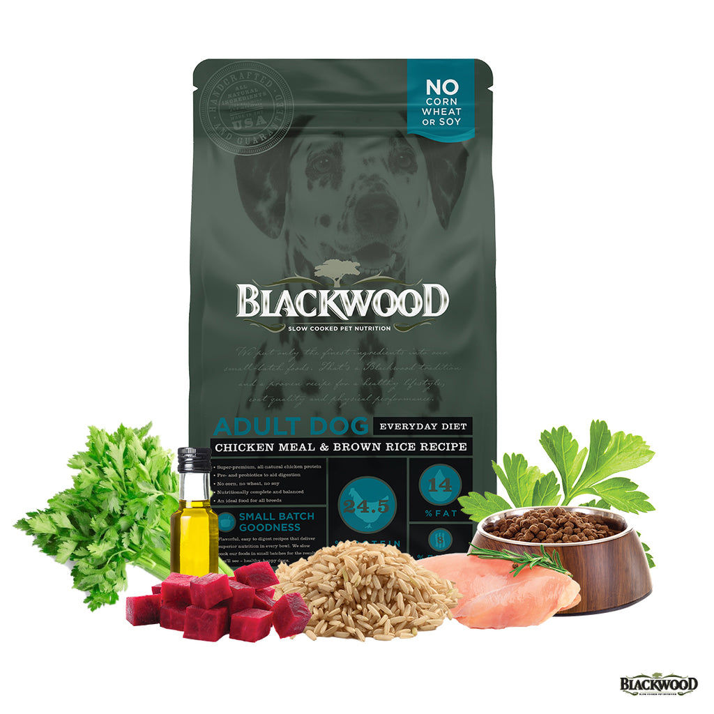 alimento para perro adulto blackwood con pollo, arroz integral, betabel, apio, perejil, etc.