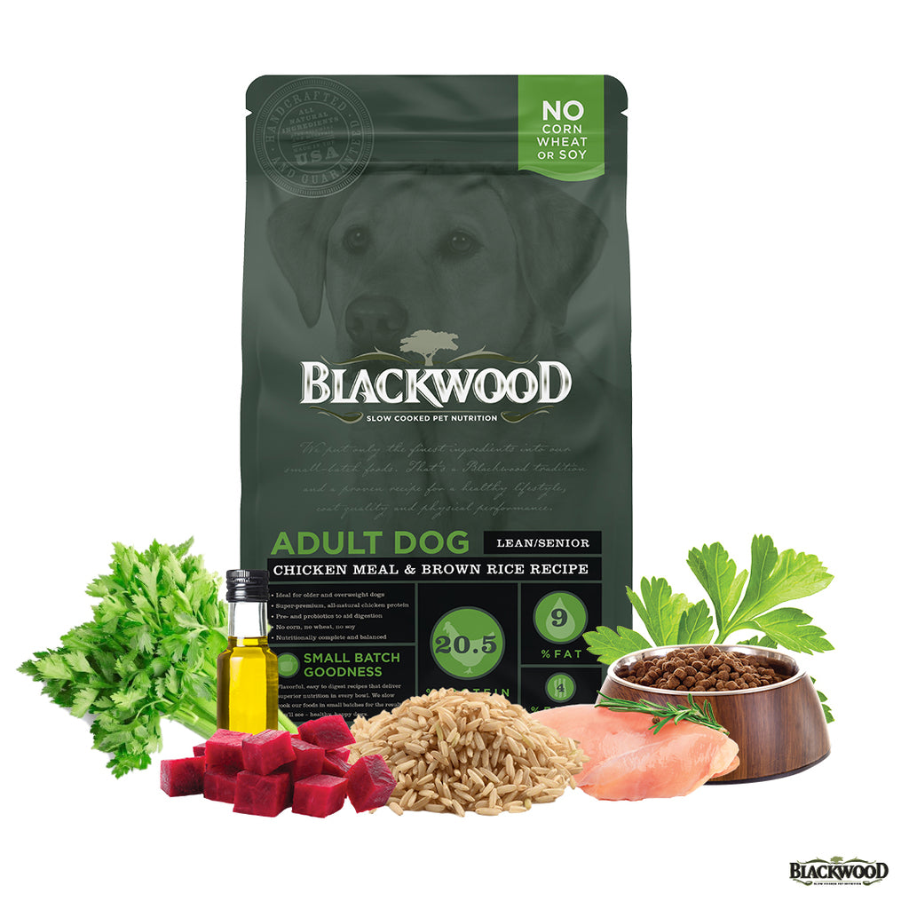 alimento para perro con sobrepeso o senior blackwood con pollo, arroz integral, betabel, apio, perejil, etc.